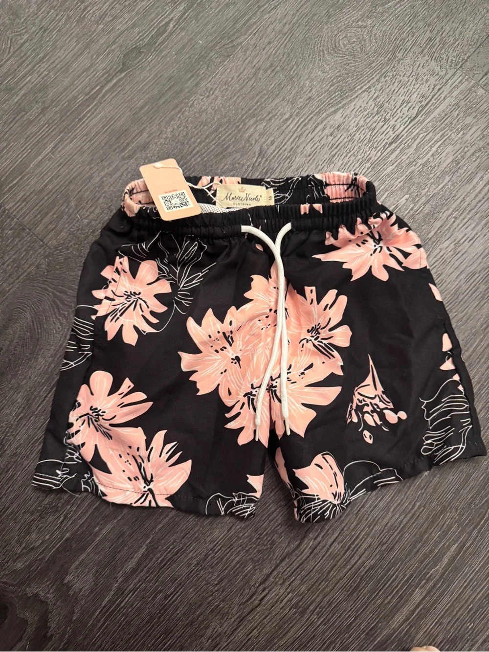 🌺 Black Pink Floral Drawstring Swim Shorts - Pink Flowers Medium Toddler New 3/4